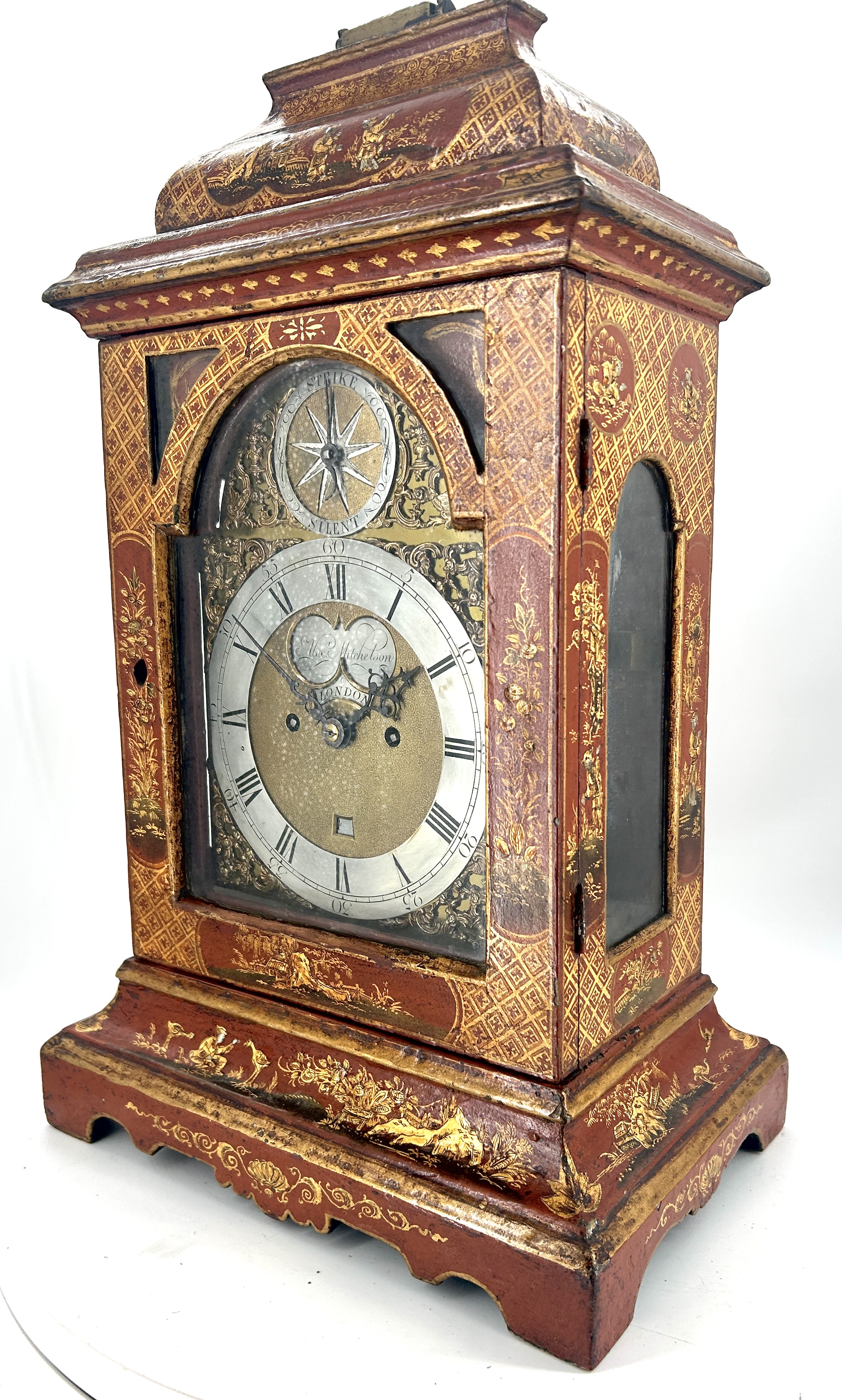 Outstanding Red Chinoiserie English Verge Twin Fusee Bracket Clock – Ca 1760 twin fusee Antique Clocks 29